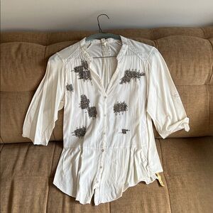 Women's light cream Button Down Shirt with beaded Accents